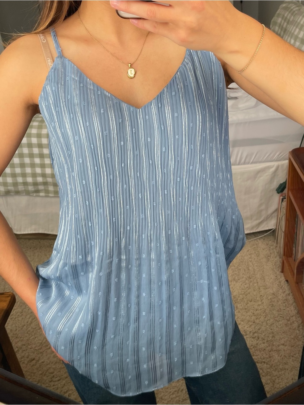 Silver Blue Pleated Flowy Cami Blouse